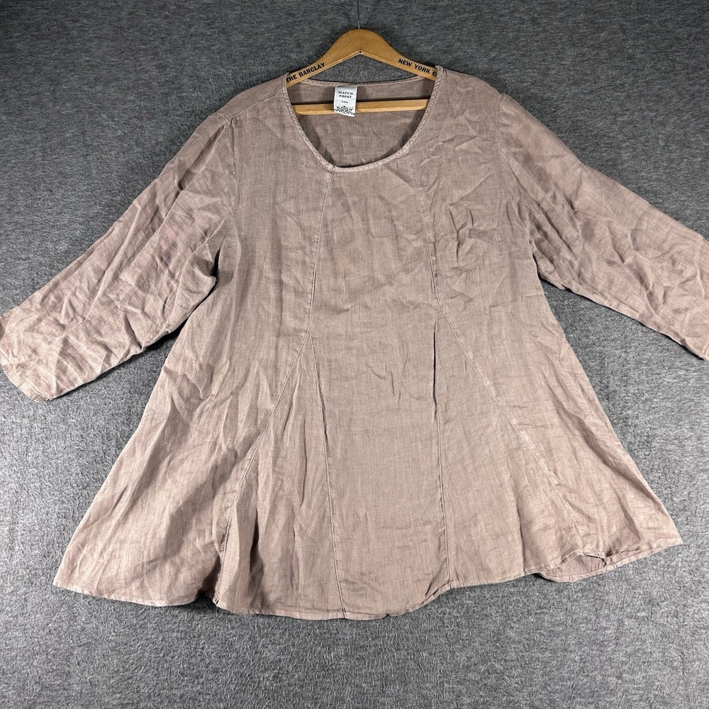 Match Point Tunic Top L Brown 100% Linen 3/4 Sleeve Pullover Boho Lagenlook USA